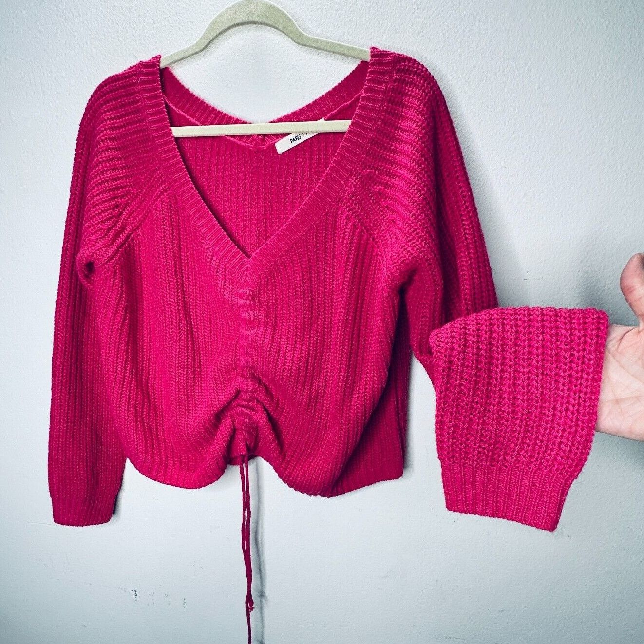 Other Paris & Me Pink VNeck Long Sleeve Adjustable Ruched Sweater Size S / US 4 / IT 40 - 3 Thumbnail