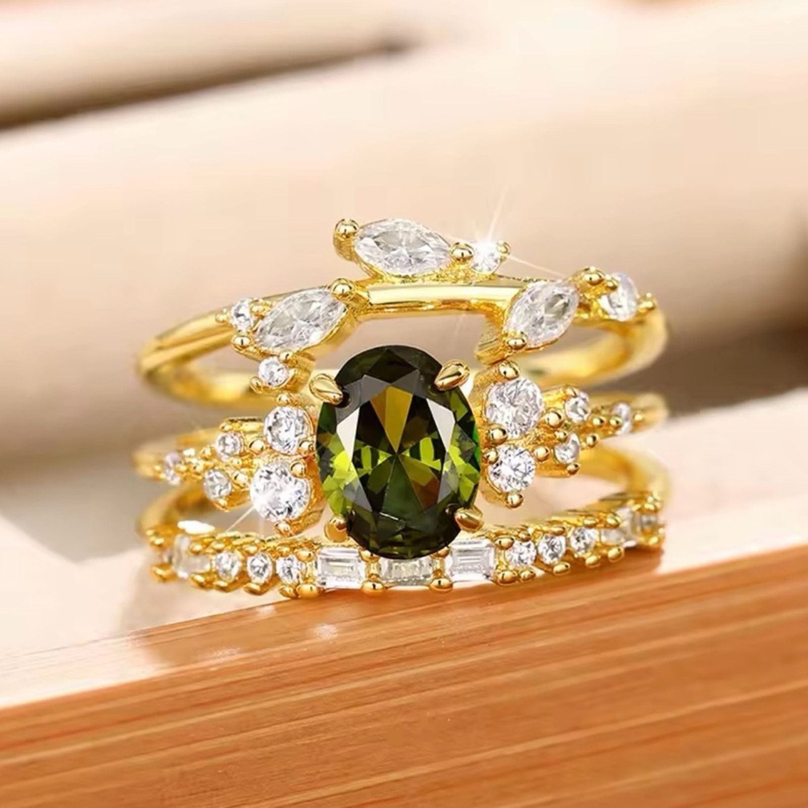 Other Olive Green Cubic Zircon 3Pcs Set Rings for Women size 7, 8 Size ONE SIZE - 3 Thumbnail