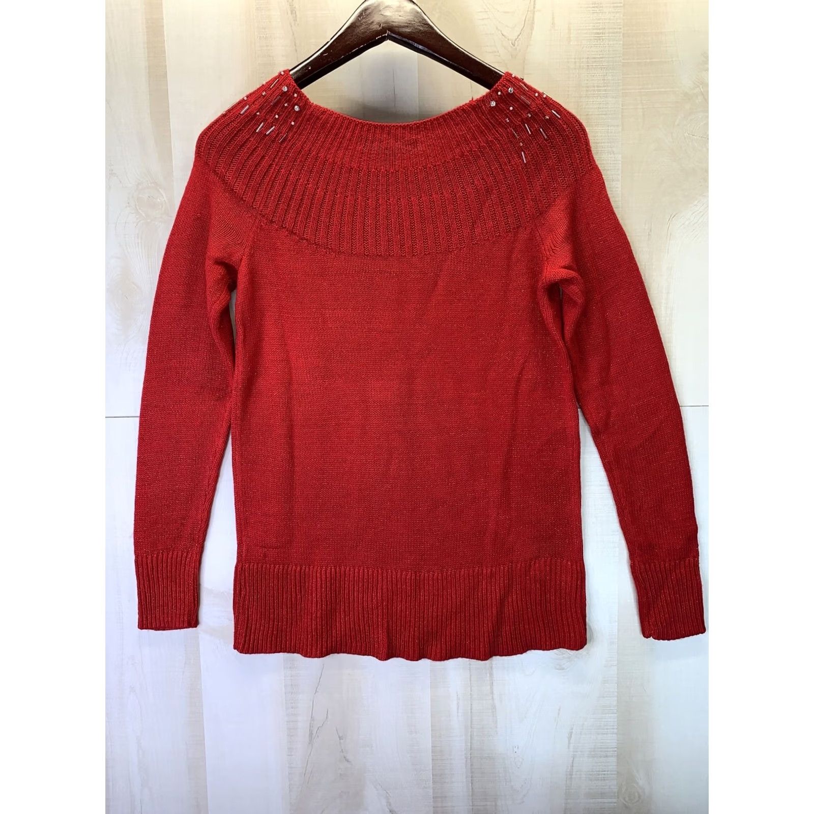 Apt. 9 Apt. 9 Women’s XS Red Silver Beaded Collar Knit Sweater NWT Party/Holiday Pullover, Collared, Long Sleeve, Tight-Knit, Knitwear, Fall Winter, Womens Size XS / US 0-2 / IT 36-38 - 5 Thumbnail