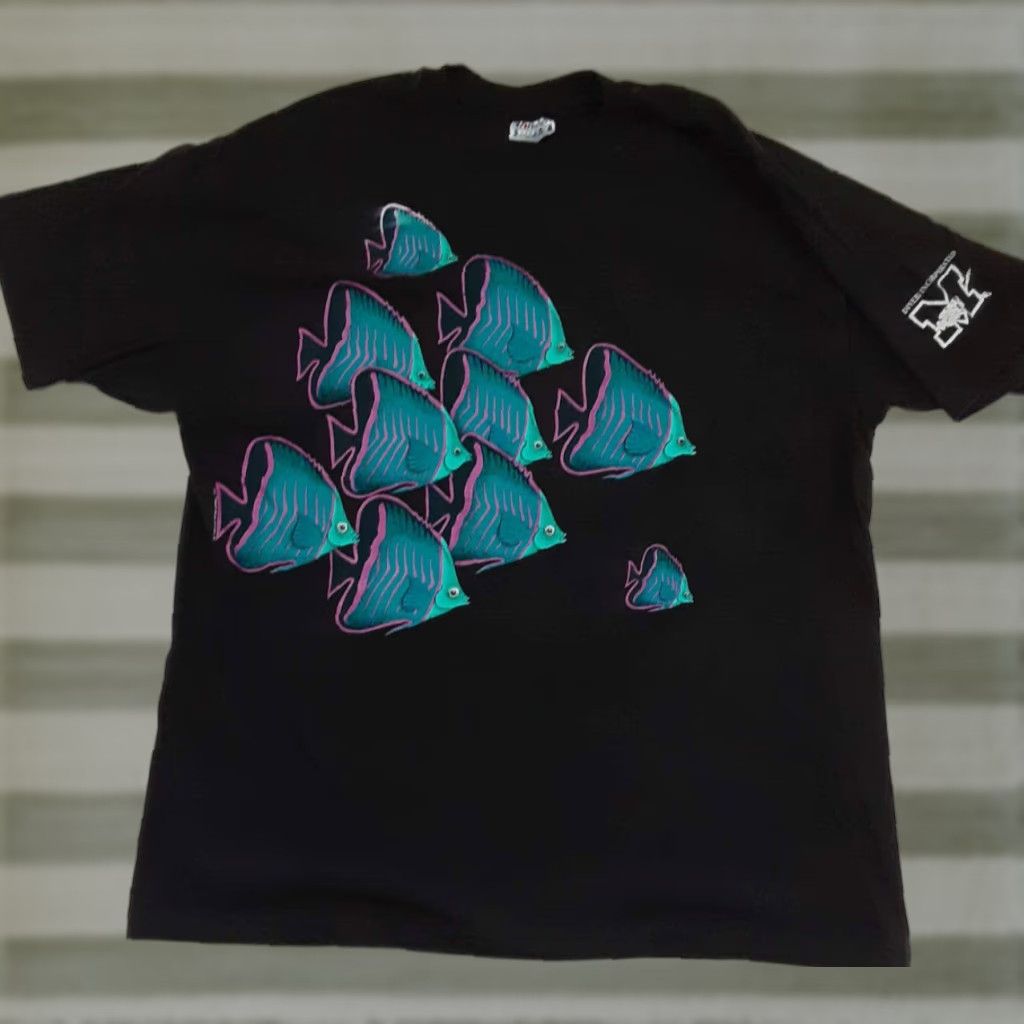 VINTAGE Hanes USA Made Blue Fish T-Shirt XL Single Stitch Men Short Sleeve Stitch 1990 USA