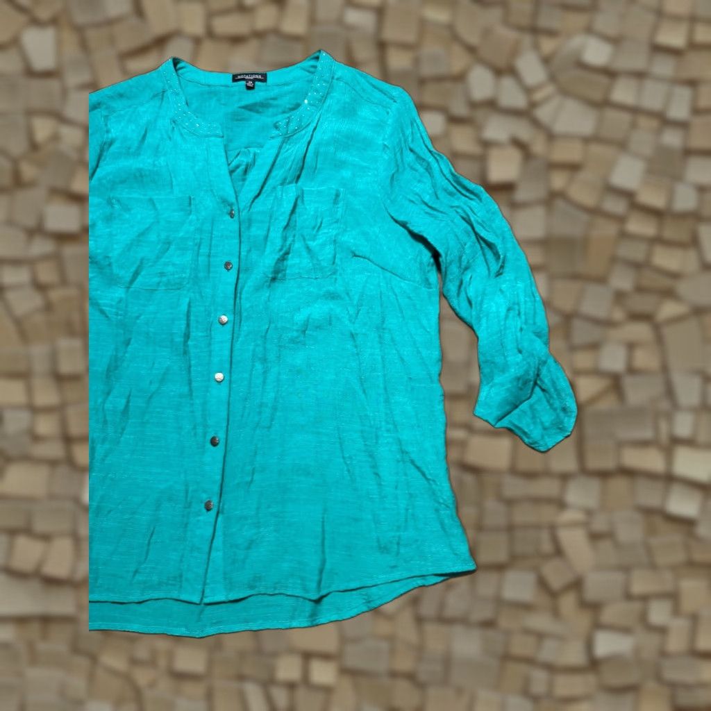 Vintage Notations Shirts Women's Size 2X Green Long Sleeve Button Up Gems on Collar Womens Size XXL / US 16-18 / IT 52-54 - 1 Thumbnail