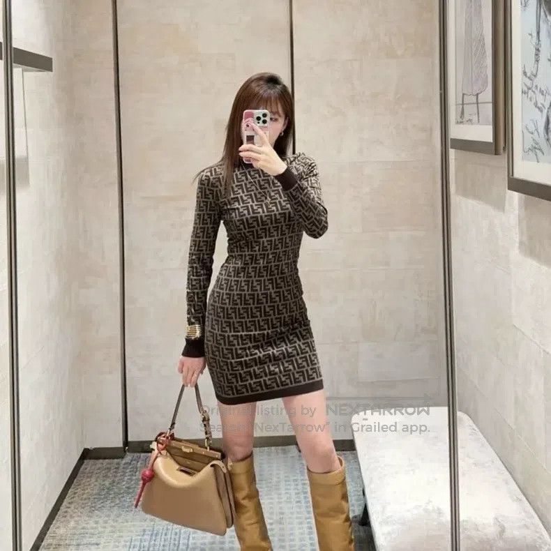 Fendi Fendi Printed Double F Logo Slim Long Sleeve Dress Size XS / US 0-2 / IT 36-38 - 6 Thumbnail