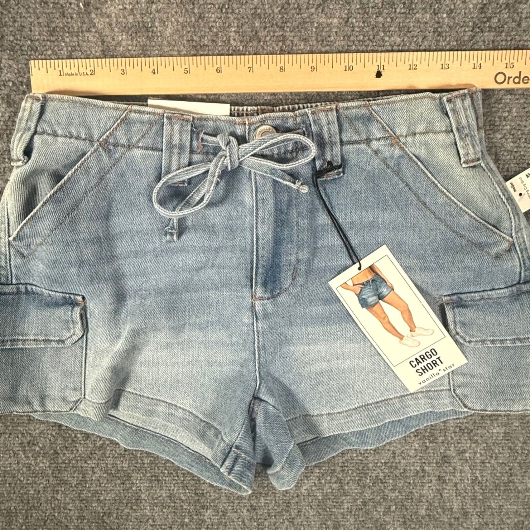 Vintage Vanilla Star Cargo Shorts Denim Light Wash Drawstring Waist Pockets XS Women Regular Denim Cotton Blend Casual Summer Travel Size 26" / US 2 / IT 38 - 5 Thumbnail