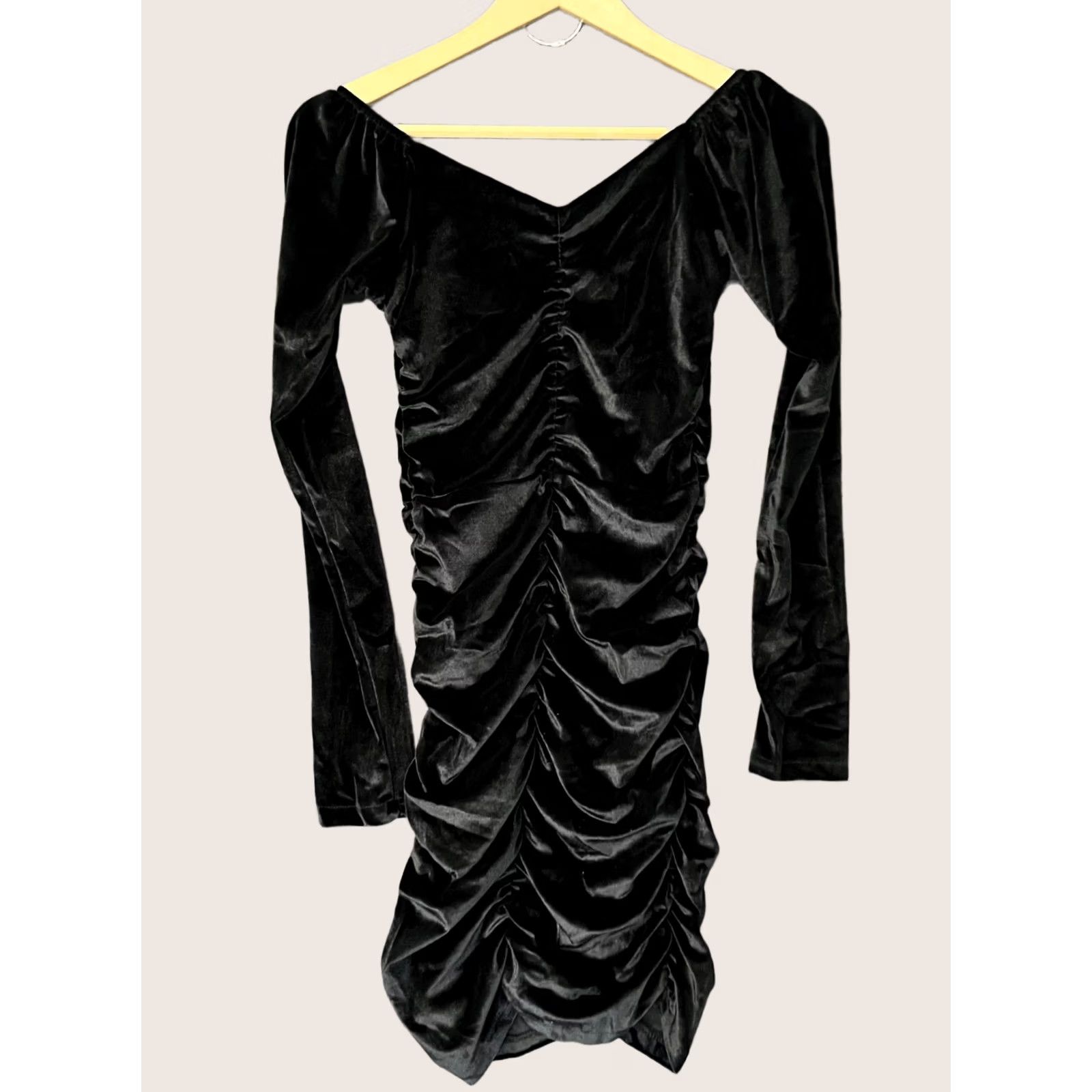 Velvet Nike Black Velvet Midi Bodycon Dress - V-Neck Long Sleeve Women’s S Velvet, Ruffle Detail, Solid, Party/Cocktail, 100% Polyester Size S / US 4 / IT 40 - 1 Thumbnail