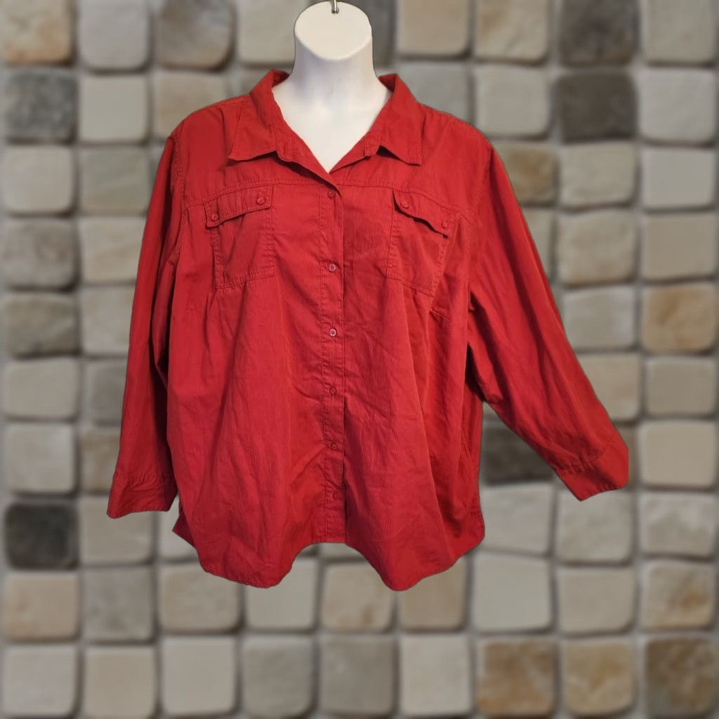 Vintage Liz & Me Red Long Sleeve Collared Button-Up Top Shirt 4X Plus Size Women Cotton Polyester Pockets Easy Care 30 32 Size XXL / US 16-18 / IT 52-54 - 1 Thumbnail
