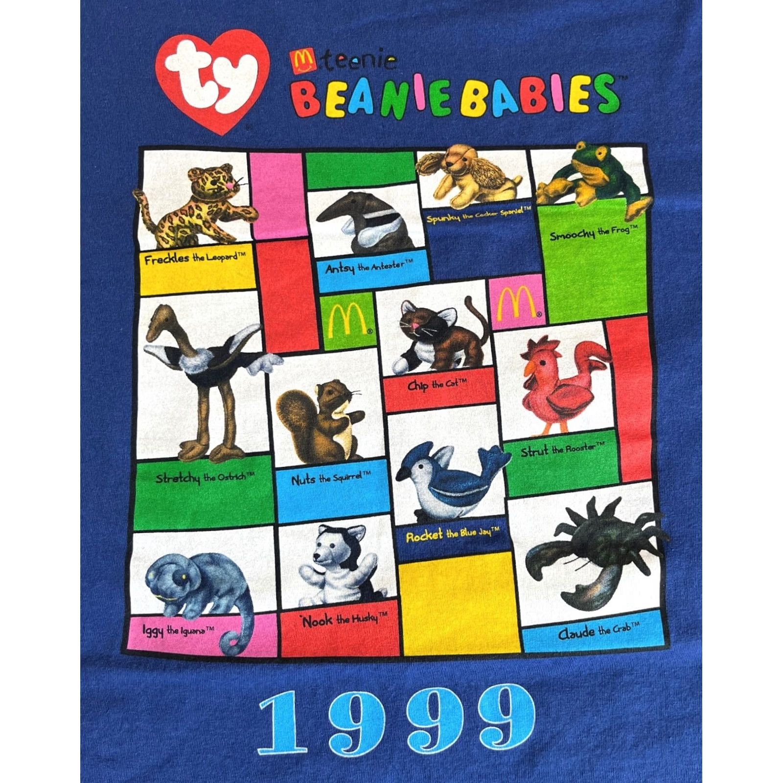 Jerzees VINTAGE McDonald's Teenie Beanie Babies T-shirt Shirt Unisex Adults XL Blue 90s Double-Sided Jerzees Heavyweight Cotton 1999 Mens Womens Size US XL / EU 56 / 4 - 5 Thumbnail