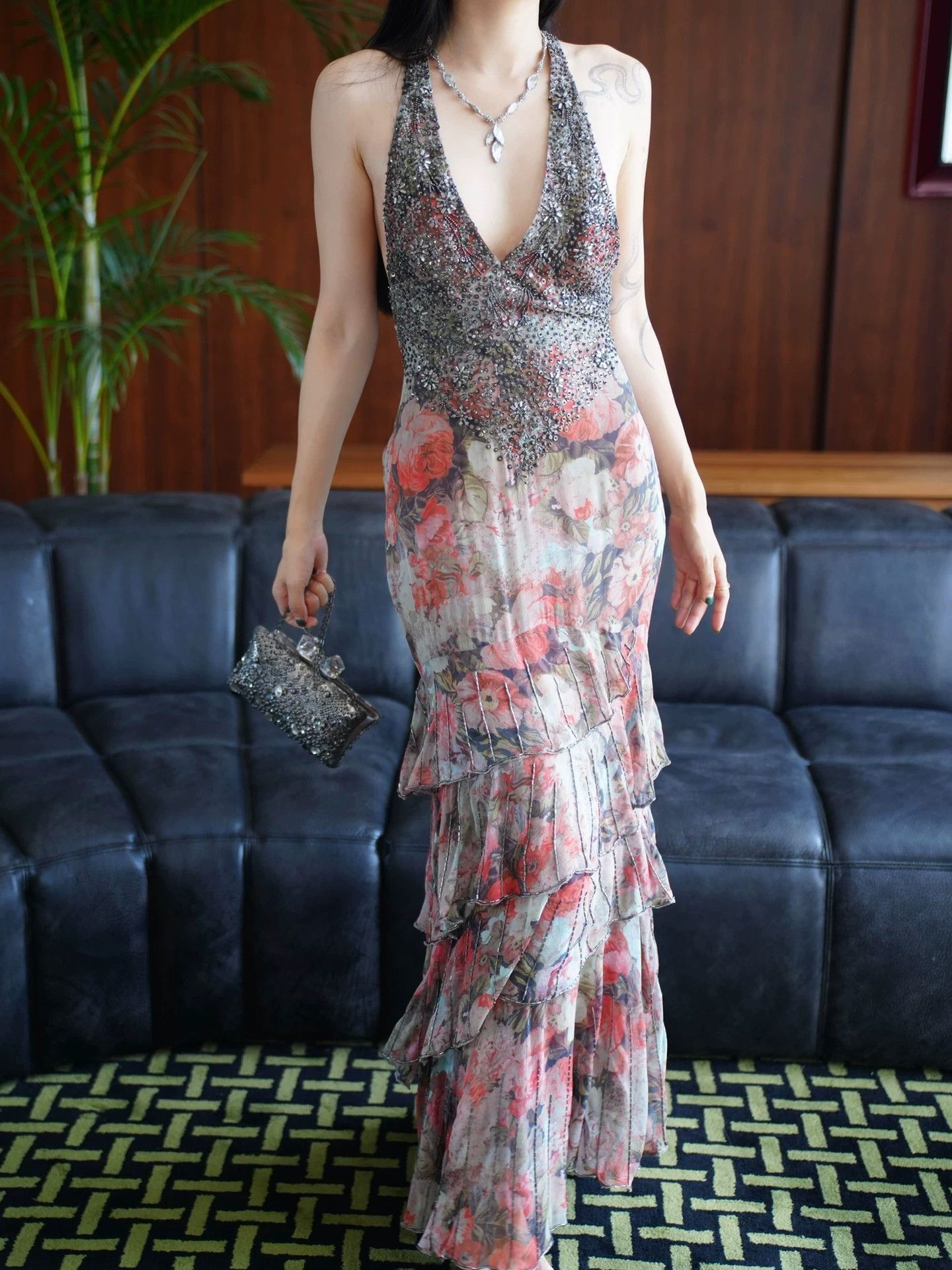 Other Vintage Silk Oil-Painting Beaded Cross-Back Layered Dress Size M / US 6-8 / IT 42-44 - 8 Thumbnail