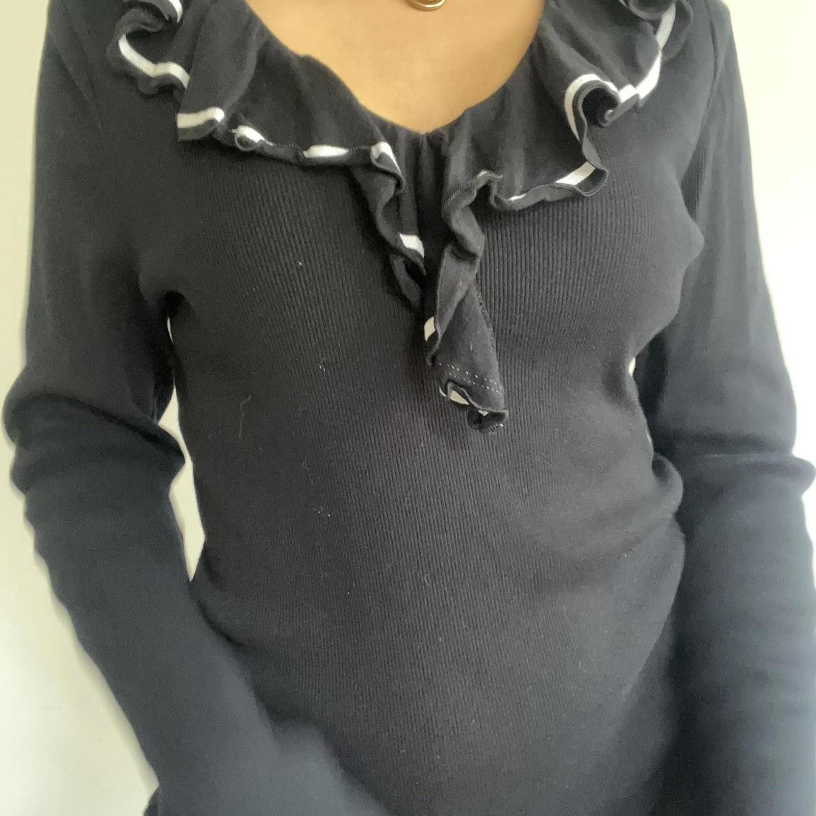 Lauren Ralph Lauren Navy blue ruffle neck sweater with white details #balletcore Size M / US 6-8 / IT 42-44 - 2 Thumbnail