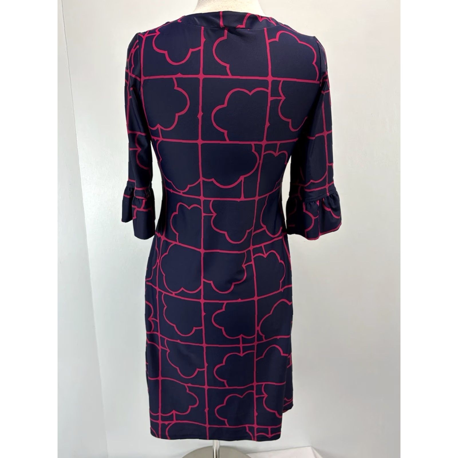 Vintage Jude Connally Blue Geometric Shift Dress U-Neck Ruffle Cuff Small Womens Size S / US 4 / IT 40 - 3 Thumbnail