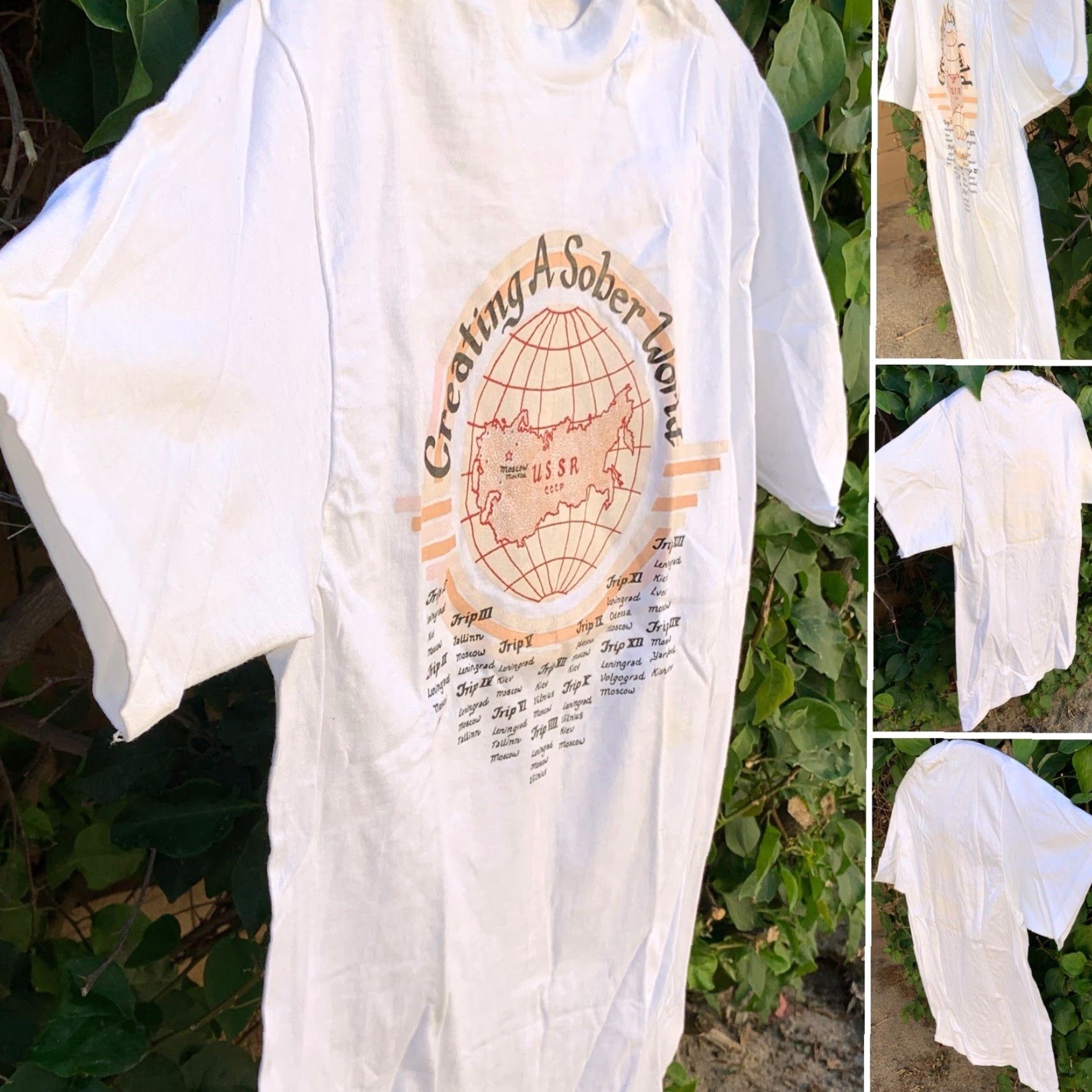 Hanes VINTAGE Creating A Sober World USSR CCCP T Shirt Single Stitch L Men White Cotton Hanes Beefy-T Size US L / EU 52-54 / 3 - 5 Thumbnail