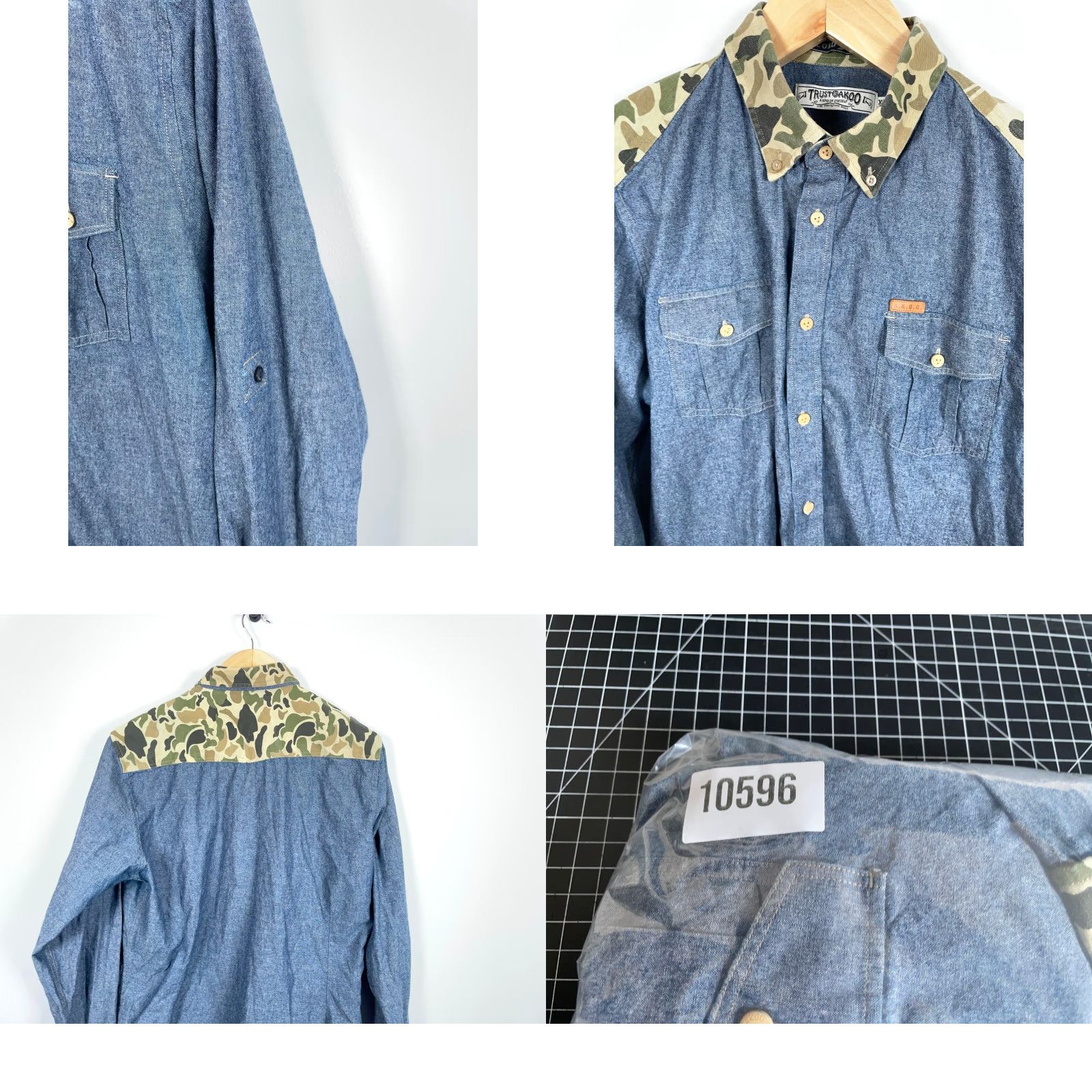 YOKE AKOO Chambray Shirt Mens XL Blue Green Camo Yoke Trim Streetwear Camouflage Button-Up Juniors None Size US XL / EU 56 / 4 - 9 Thumbnail