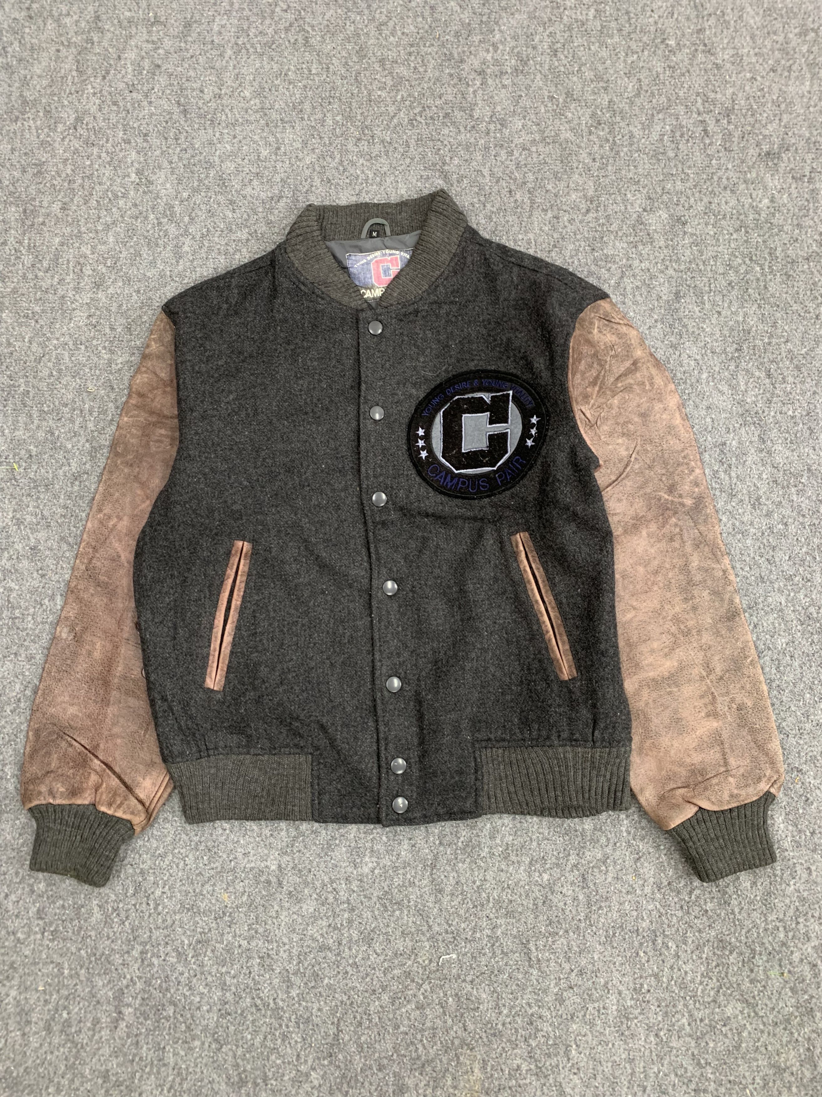 image of Young Desire Campus Sleeve Leather Varsity Jacket in Grey, Men's (Size Medium)