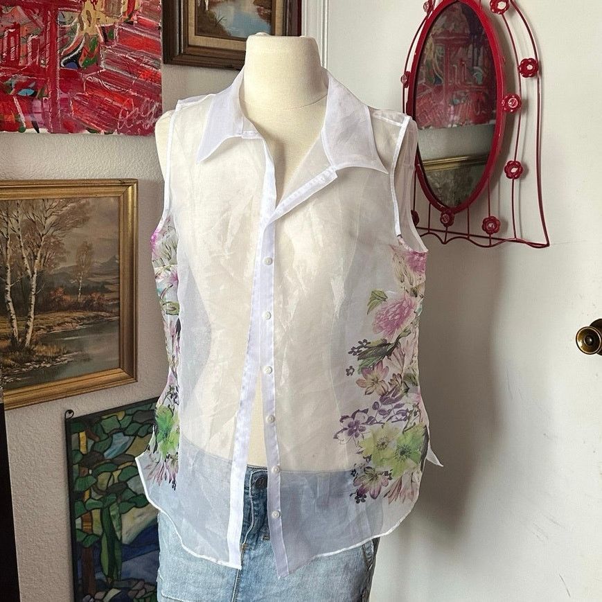 Worthington worthington white mesh sheer button up floral tank top Size L / US 10 / IT 46 - 1 Thumbnail