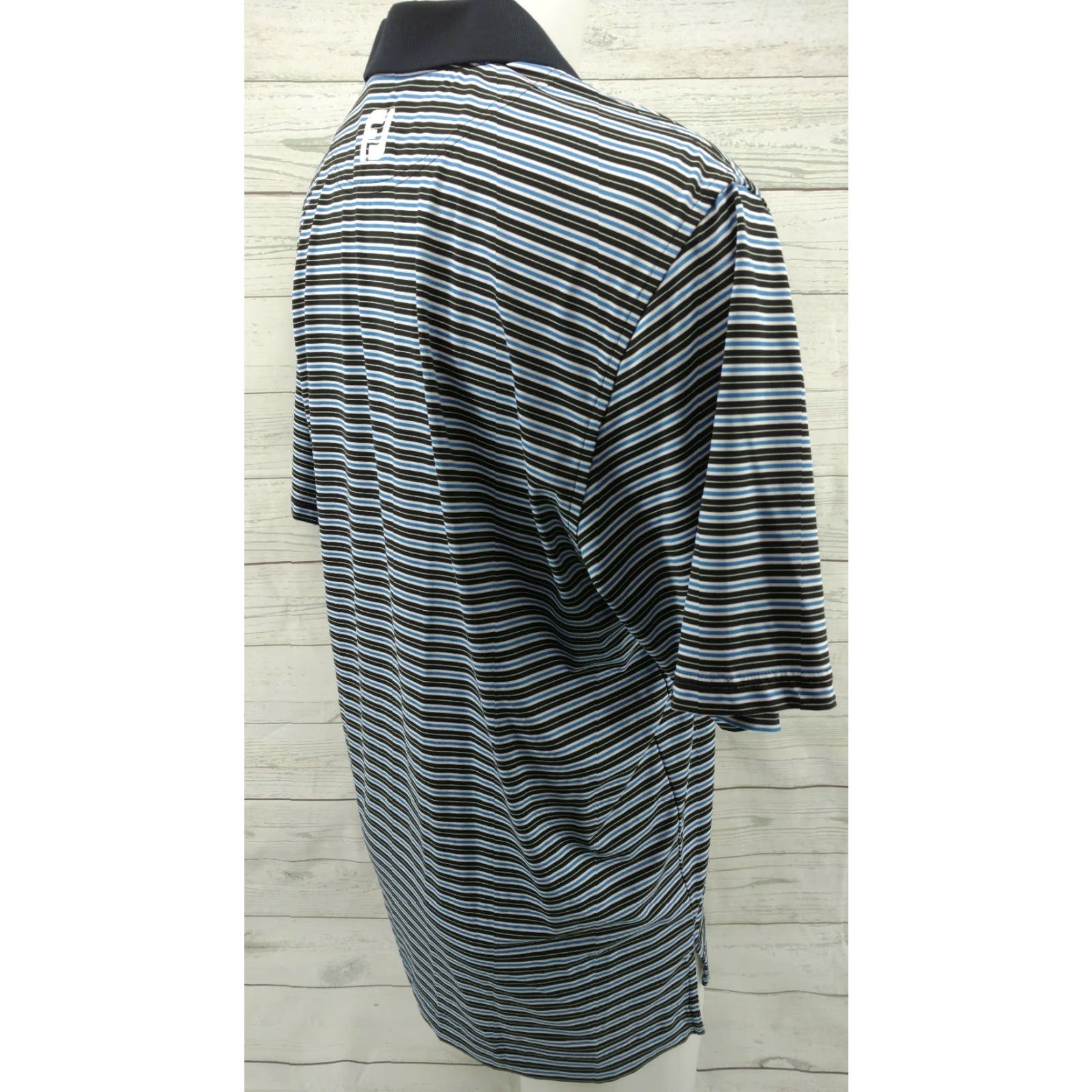 Footjoy FootJoy FJ Hombre Golf Club Polo Shirt Black Blue White Striped Spandex Medium Men Polo Shirt Short Sleeve Nylon Polyester Spandex Size US M / EU 48-50 / 2 - 5 Thumbnail