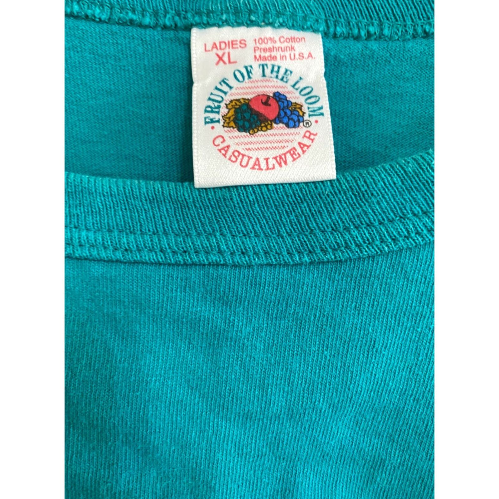 Fruit Of The Loom VINTAGE Fruit of the Loom T-Shirt Ladies XL Teal Crew Neck Short Sleeve Preshrunk Single Stitch Pockets 80s 90s Solid Green Cotton Regular Womens Size XL / US 12-14 / IT 48-50 - 2 Thumbnail