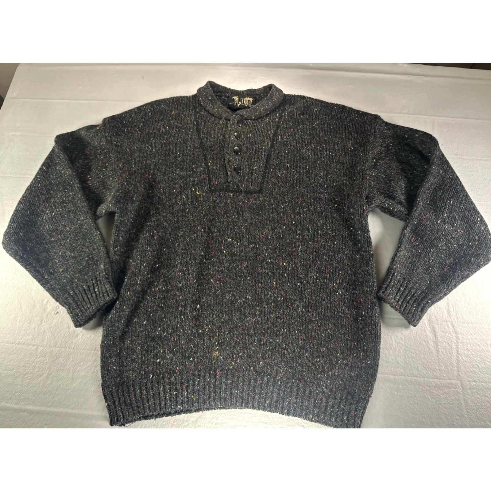 Vintage FLUID Fleck Knit Henley Sweater Men’s Large Gray Wool Blend Button Pullover Size US L / EU 52-54 / 3 - 3 Thumbnail