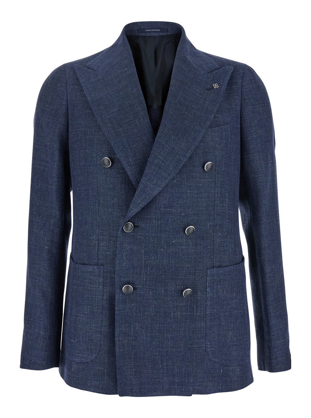 Tagliatore Blue Double-Breasted Blazer with Logo Pin on the Front in Linen and Cotton Blend Man Size US XXL / EU 58 / 5 - 1 Thumbnail