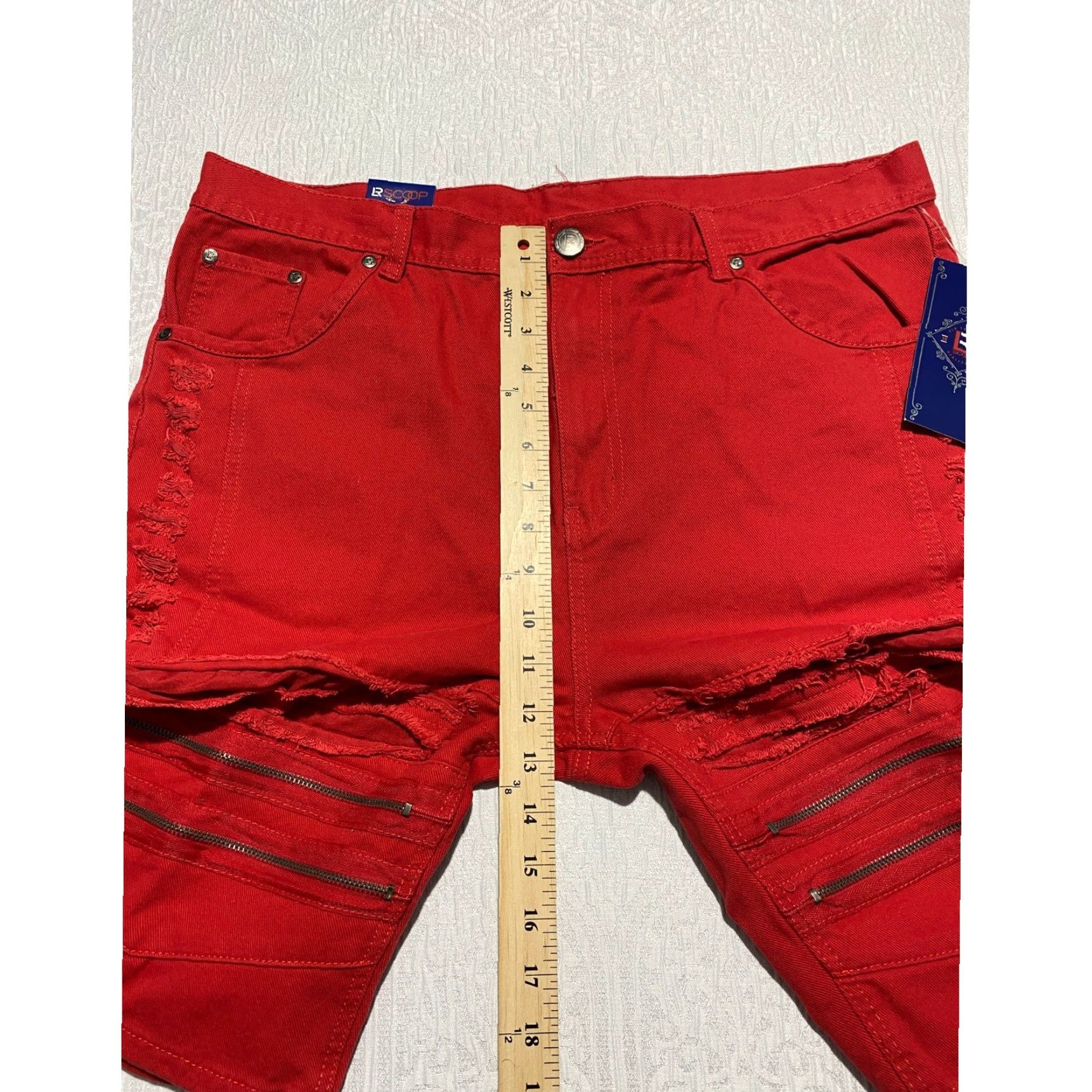 Denime LR Scoop Bermuda Shorts Men 38 Red Distressed Zipper Pockets 5-Pocket Denim Cotton Casual Shorters Size US 38 / EU 54 - 6 Thumbnail