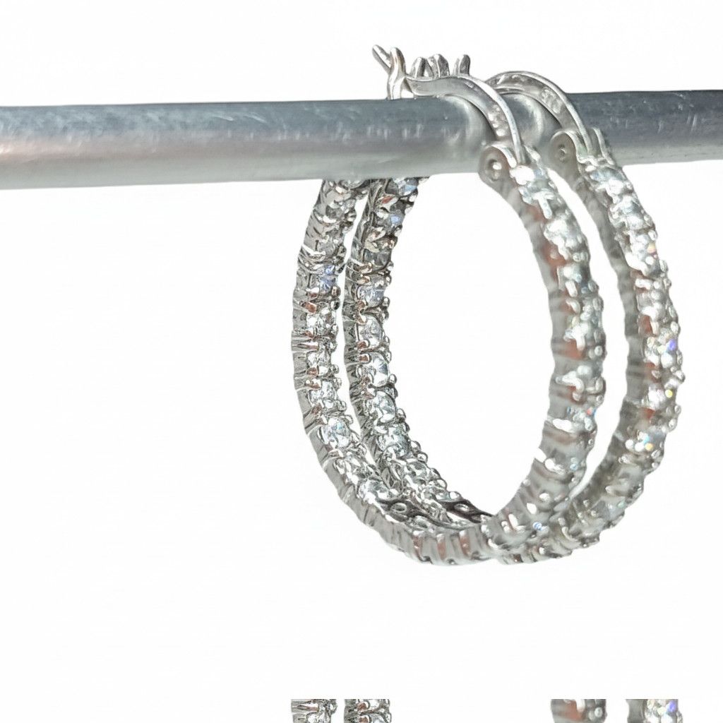 Other Earrings 1" Hoops 925 Sterling Silver FAB Prong Cubic Size ONE SIZE - 4 Thumbnail