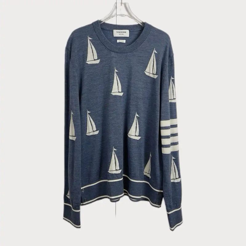 Thom Browne Thom Browne Blue Cotton Long Sleeve Pullover Sweater 0089 Size XL / US 12-14 / IT 48-50 - 1 Thumbnail