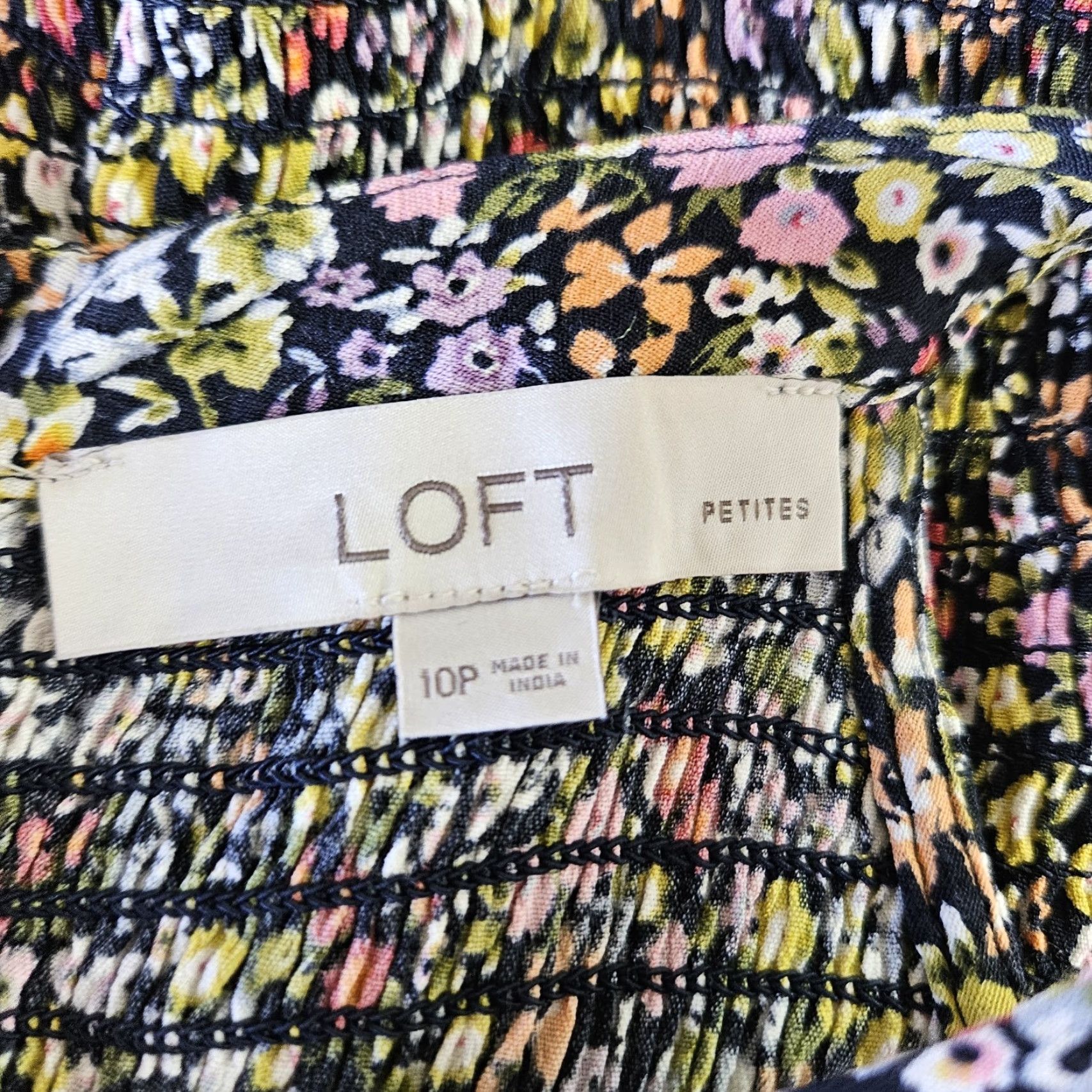 Loft LOFT Ann Taylor Womens Jumpsuit 10P Pink Yellow Floral Smocked Sleeveless Zip Viscose Multicolor Petites White Space Size 32" / US 10 / IT 46 - 7 Thumbnail