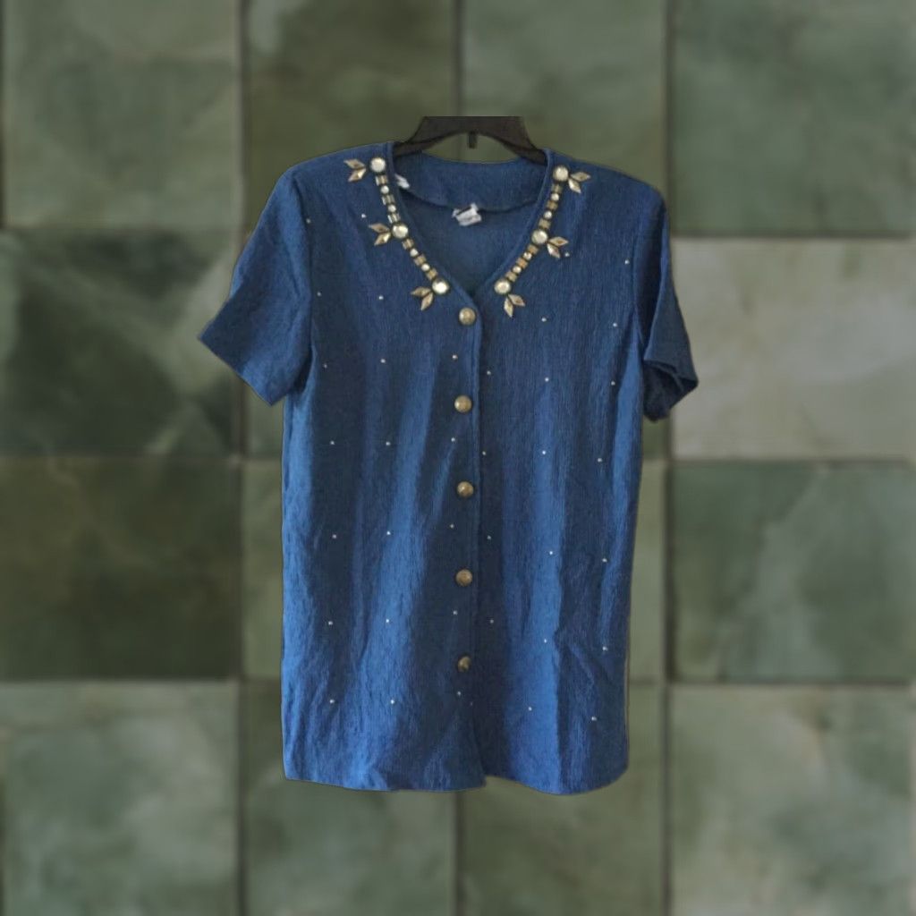 Vintage Epix Blue Embellished Top Women Short Sleeves Stretch Pant Suit One Size Vintage Size 42" / US 20 - 1 Thumbnail