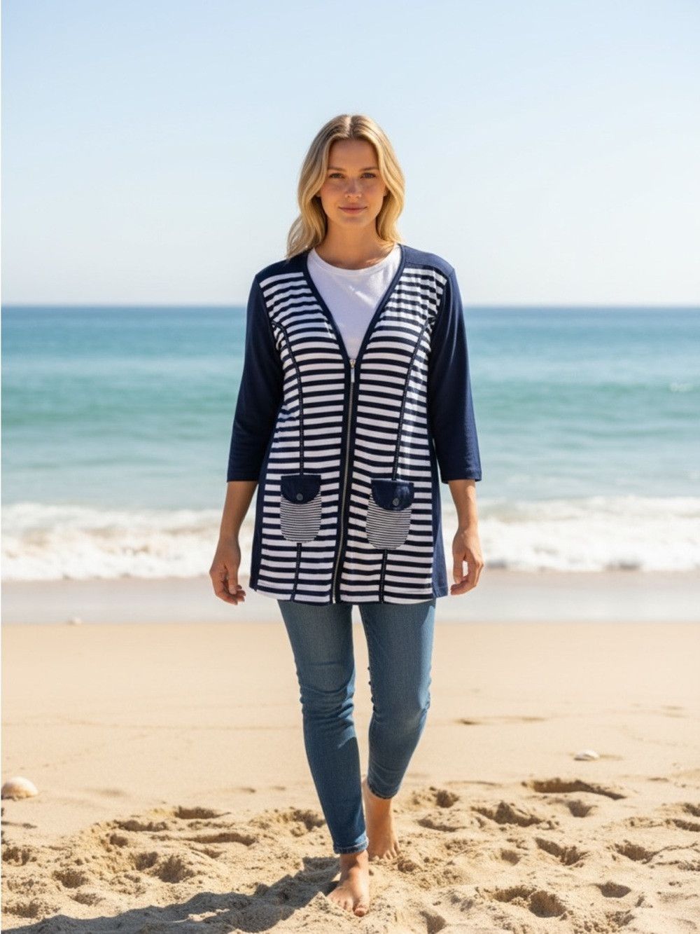 Other TT ROTTFİELD Navy White Striped Zip Viscose Cardigan with P Size L / US 10 / IT 46 - 1 Thumbnail