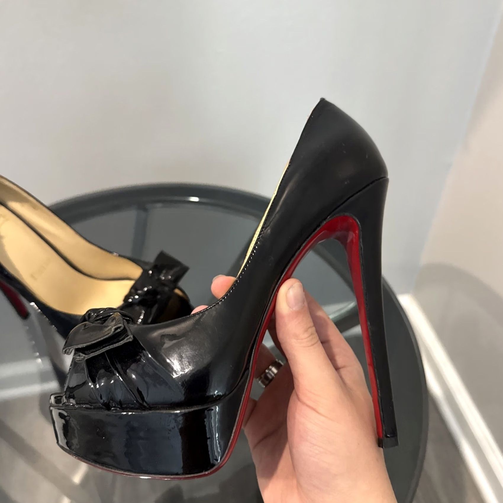 Christian Louboutin Christian Louboutin Pump Womens Black Patent Leather Madame Butterfly Peep Toe Pumps Size US 6 / IT 36 - 3 Thumbnail