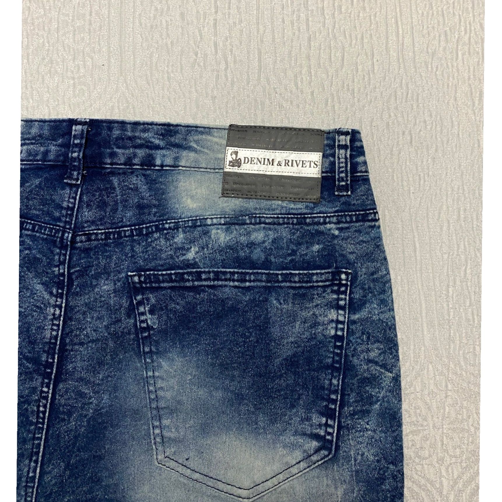 Denime DENIM & RIVETS Premium Moto Jeans Men's 38 Acid Wash Stretch Whiskers Blue Distressed Pockets Zipper Studded Quilted Size US 38 / EU 54 - 3 Thumbnail