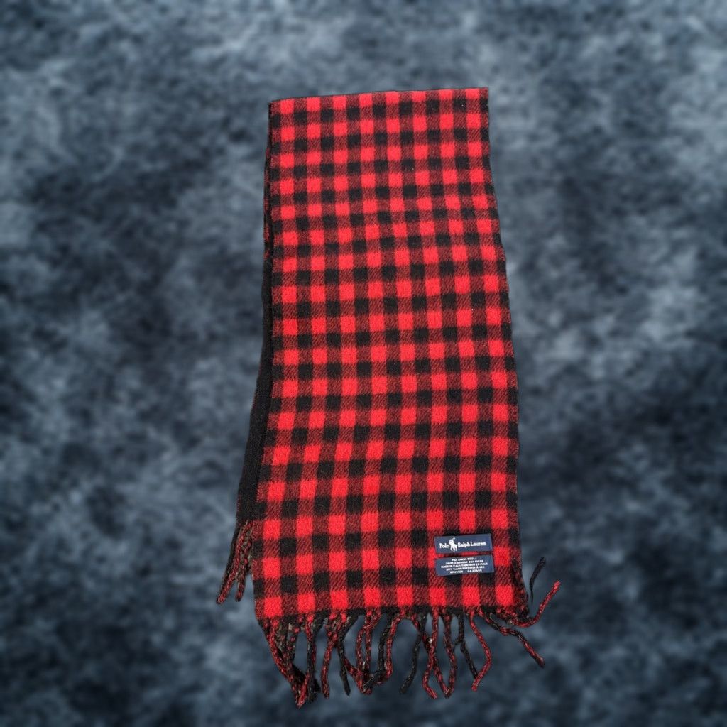 Polo Ralph Lauren VINTAGE Polo Ralph Lauren Scarf 100% Lambswool Plaid Buffalo Red Fringe Pony Logo Unisex One Size 58in x 11.5in Size US M / EU 48-50 / 2 - 1 Thumbnail