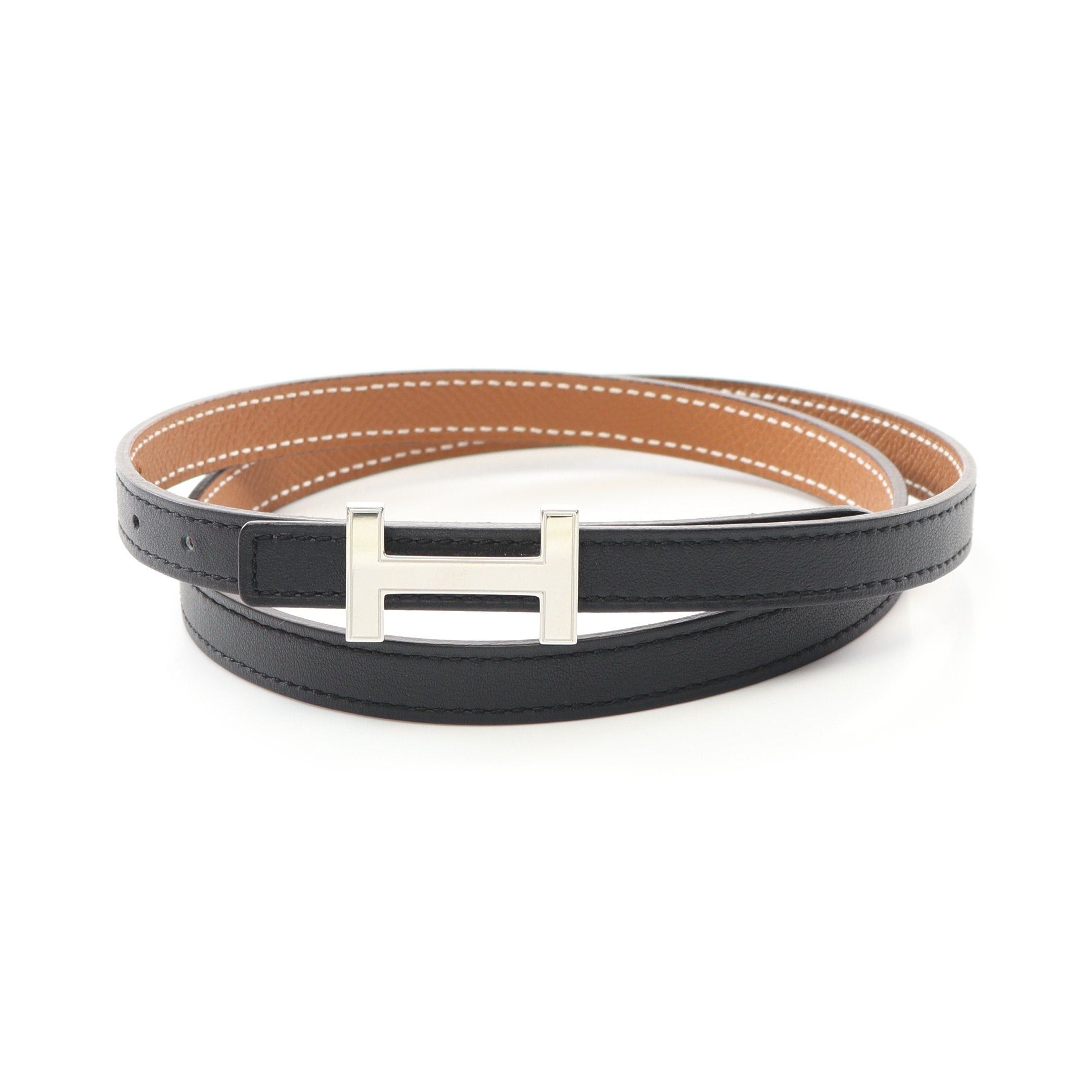 Hermes Focus Mini H-Belt Belt Leather Black Light Brown Silver