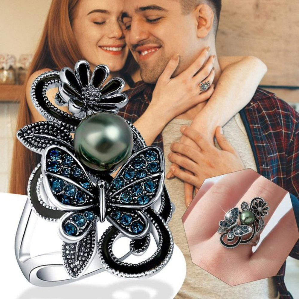 Designer Vintage Navy Blue Pearl Butterfly Silver Flower Ring- Size 7 Size ONE SIZE - 7 Thumbnail