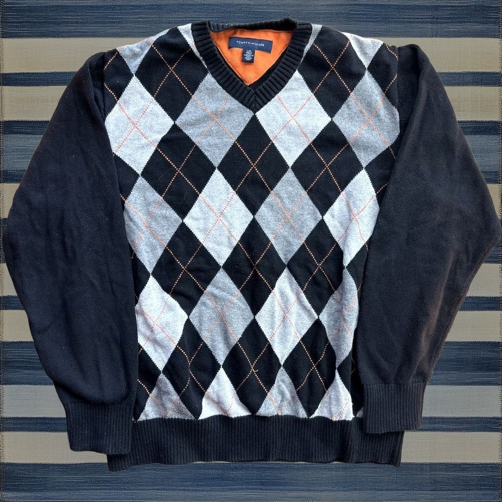 Tommy Hilfiger Sweater V-Neck Pullover Argyle Black Grey Orange L Men's, Men's