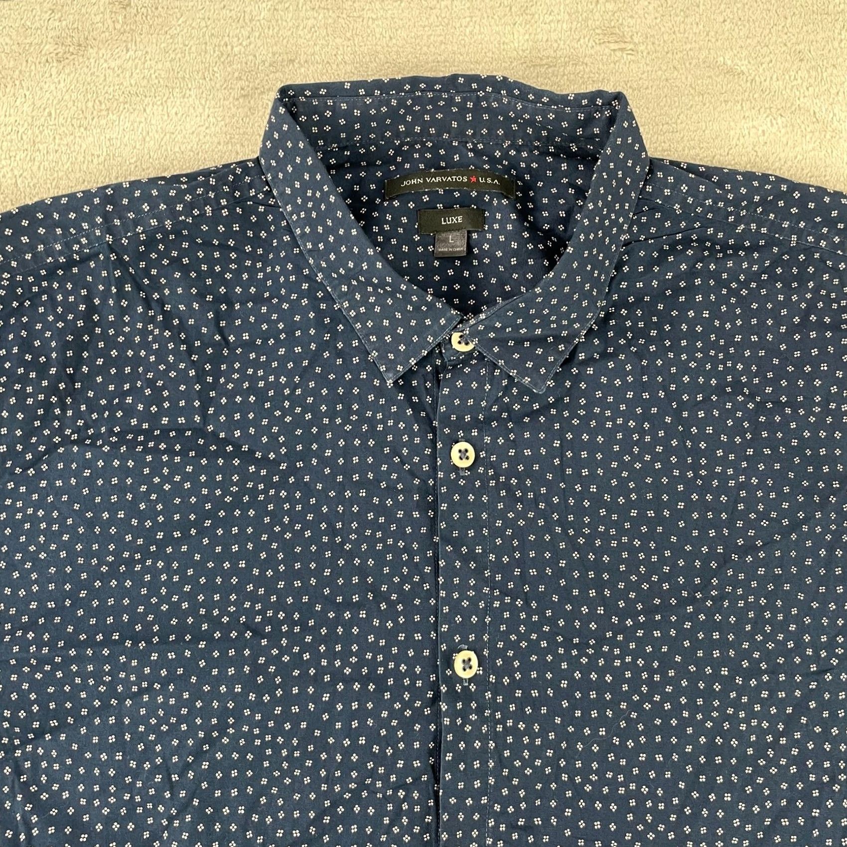 John Varvatos John Varvatos Luxe Shirt Men L Navy Geometric Slim Short Sleeve Button-Up Collared Twill Cotton Spandex Size US L / EU 52-54 / 3 - 3 Thumbnail