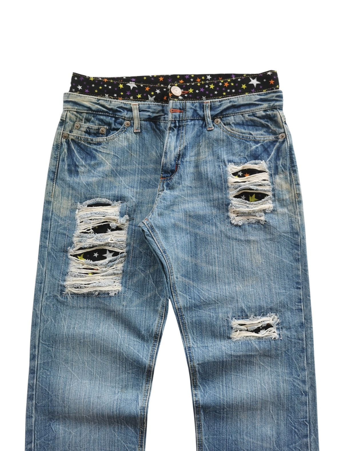 Japanese Brand Vintage Double Waist Distressed Jeans Star Waistband Size US 32 / EU 48 - 2 Thumbnail