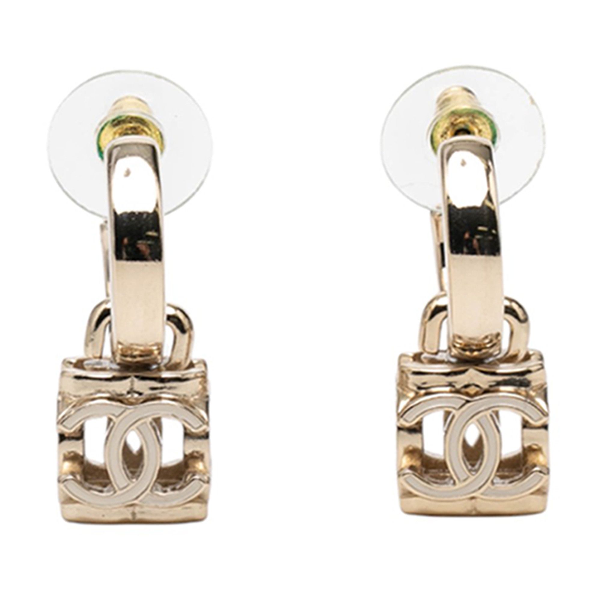 Chanel Chanel CC Gold Plated Enamel Cube Drop Hoop Push Back Earrings Size ONE SIZE - 1 Thumbnail