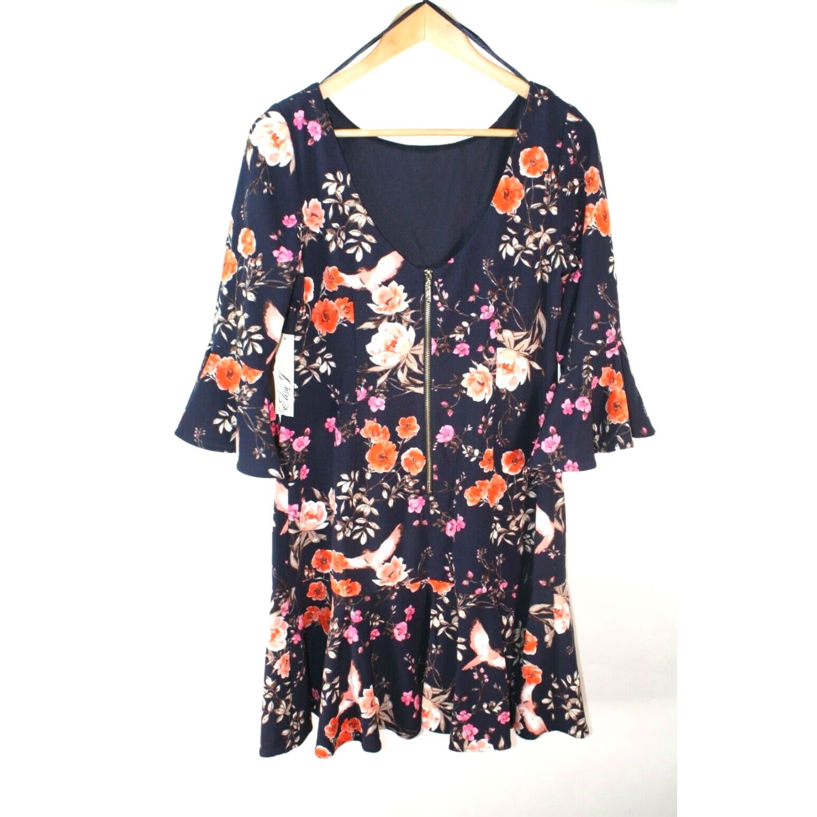 Vintage Eliza J Dress Sash Tie Print Faille Fit & Flare (Plus Size 12) Navy Floral Knee-Length Crew Neck Sleeveless Zipper Closure Women's Size XL / US 12-14 / IT 48-50 - 7 Thumbnail