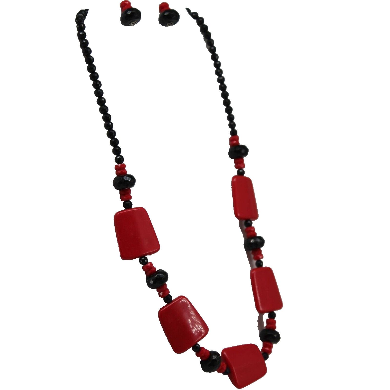 Other Vintage Red & Black Plastic Necklace Earring Set 24" Long Size ONE SIZE - 3 Thumbnail