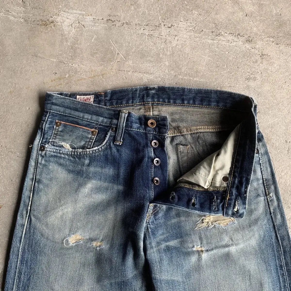 Self Edge × Sugar Cane 💥DISTRESSED! Edwin 505 Red Line Jeans Sun Faded Blue Pants Size US 32 / EU 48 - 6 Thumbnail