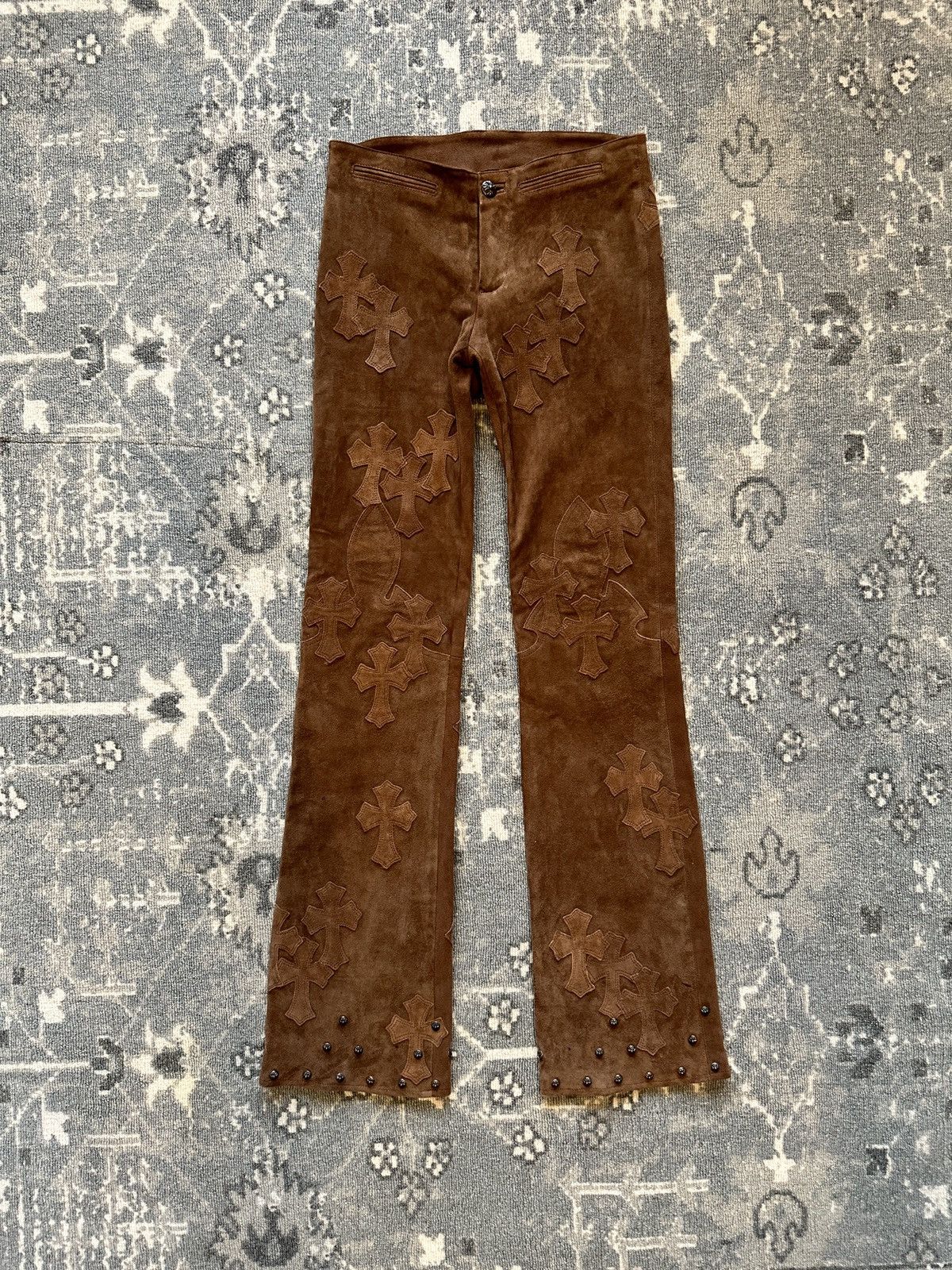 image of Insane Chrome Hearts Flooded And Studded Suede Pants in Brown, Women's (Size 26)