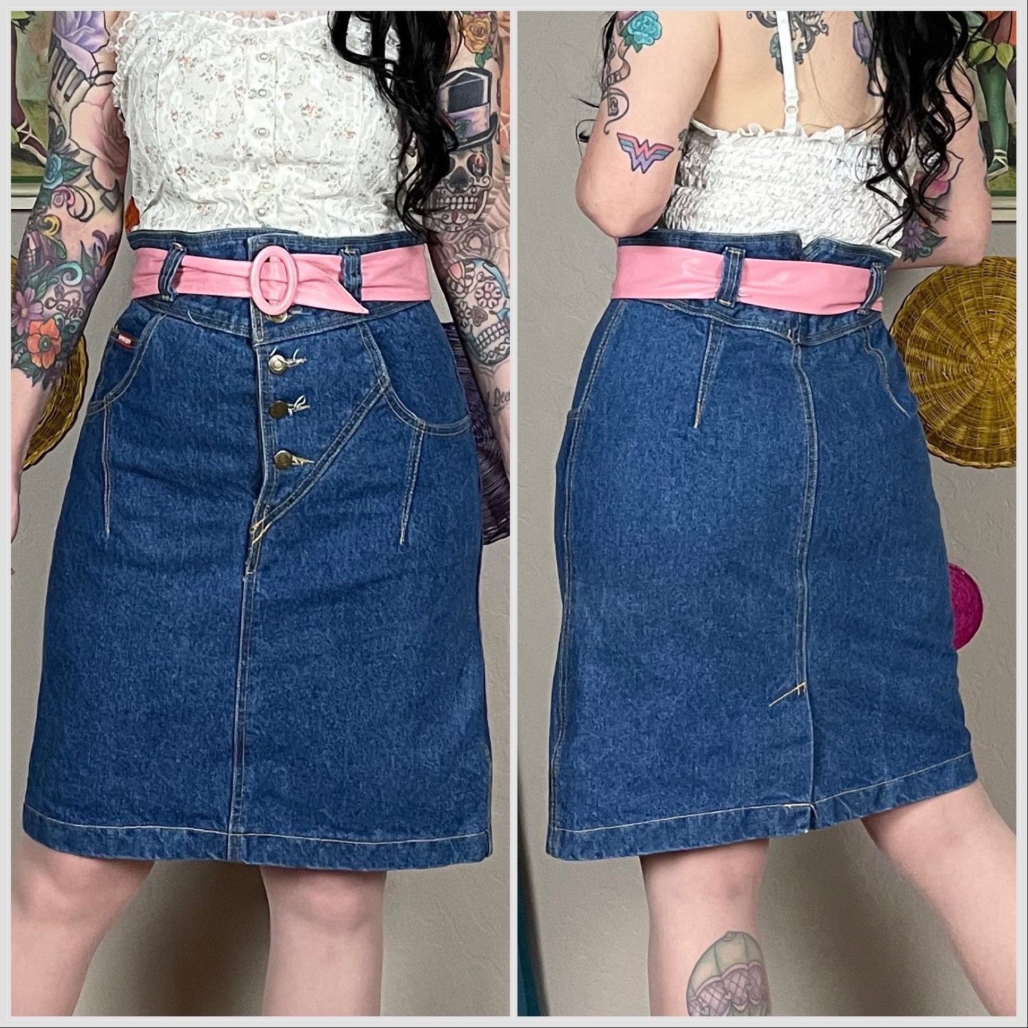 Vintage Vintage 1980s High Waist Mini Denim Jean Miniskirt Size 32" / US 10 / IT 46 - 3 Thumbnail