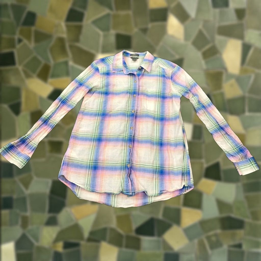 Eddie Bauer Eddie Bauer Womens Shirt Top Small Ivory Plaid Button Up Pocket Regular Fit Size M / US 6-8 / IT 42-44 - 1 Thumbnail
