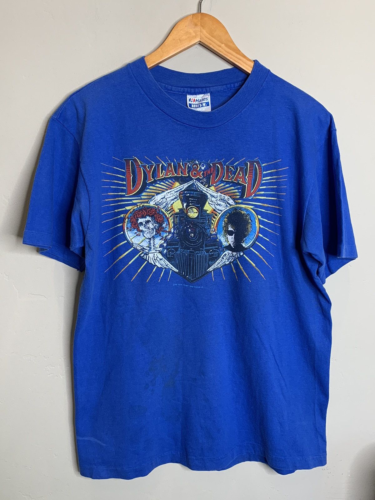 image of Band Tees x Grateful Dead Vintage 1987 Bob Dylan Grateful Dead Tour Band Shirt in Blue (Size XL)