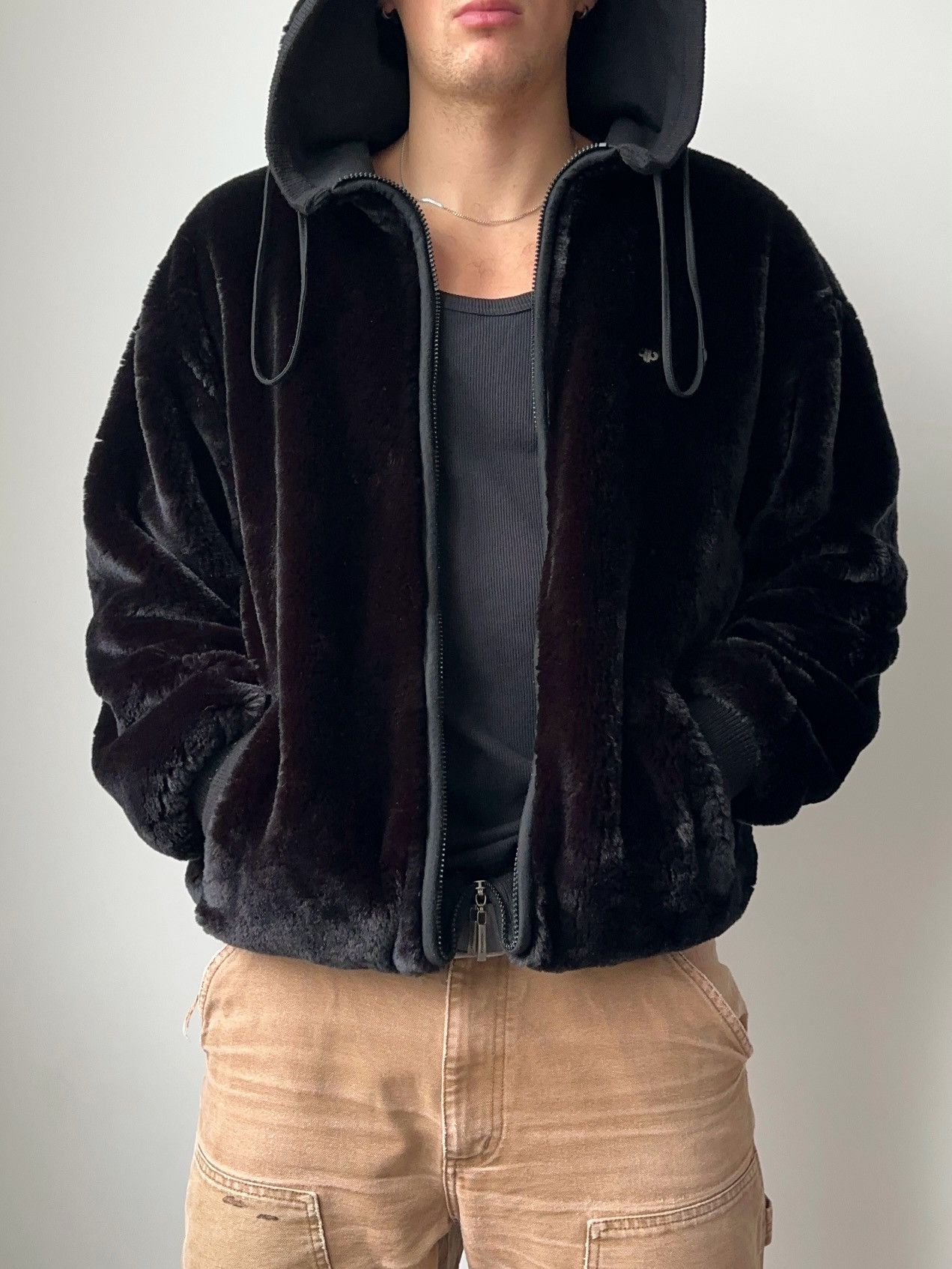 Vintage Y2K Pelle Pelle Black Faux Fur Hooded Bomber Jacket