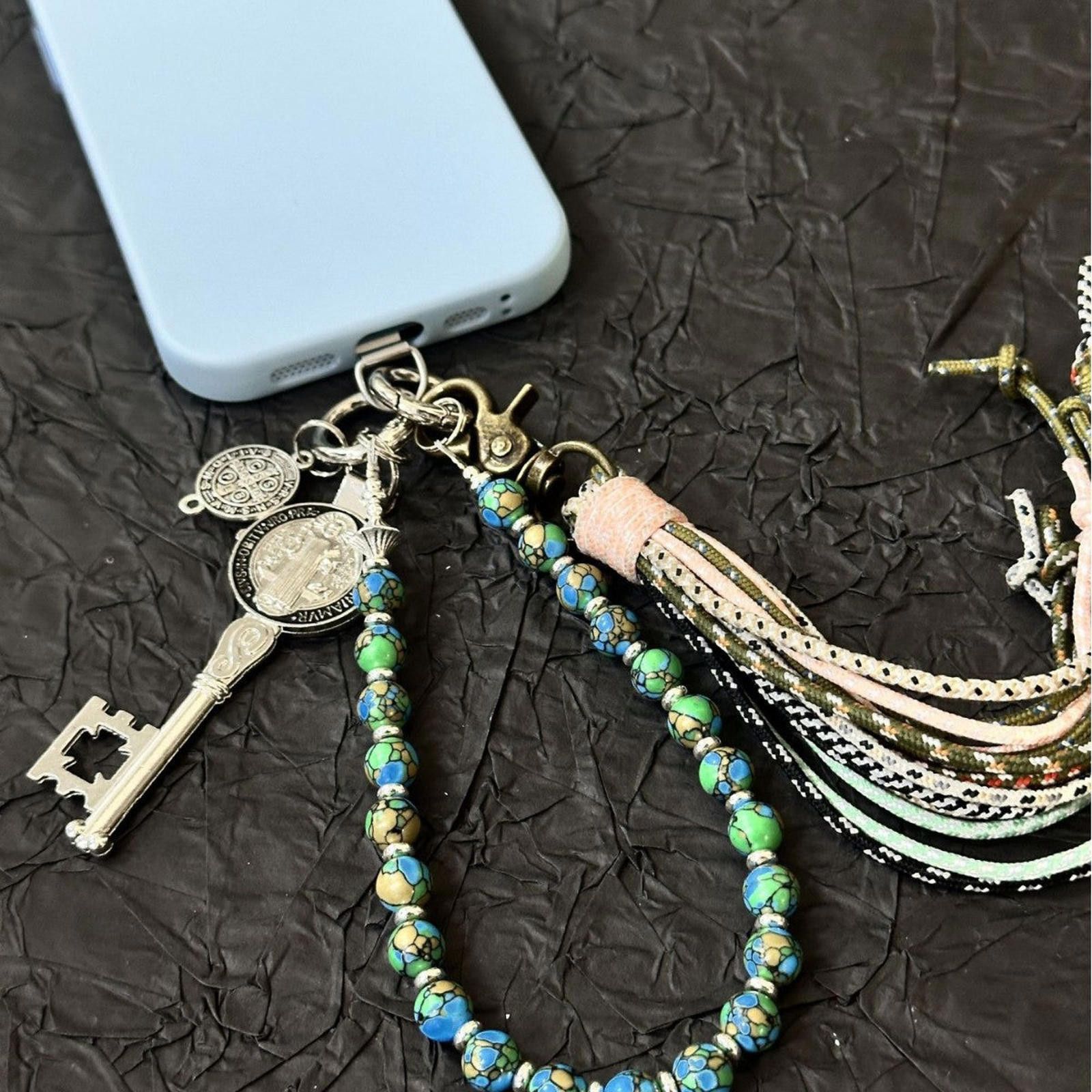 Jewelry Blue Green Beaded Phone Charm, Decorative Keychain Beads Size ONE SIZE - 1 Thumbnail