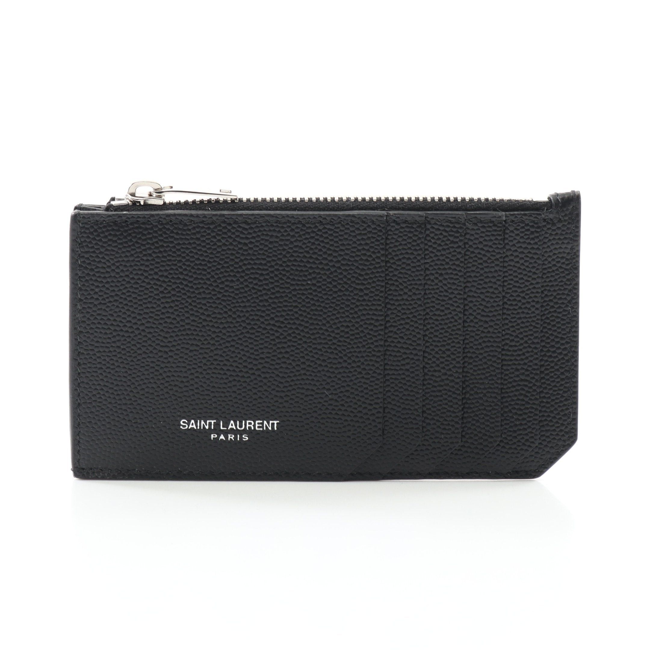 YVES Saint Laurent Fragment Zip Pouch Card Case Coin Purse Leather Black, Women's
