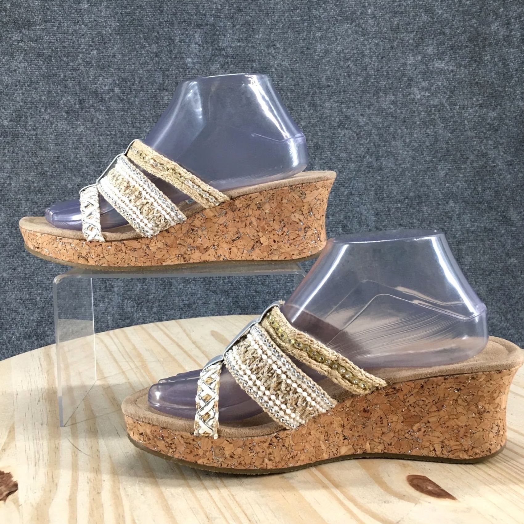 Vintage BKE Sole Sandals Women 9 Tan Loud Beaded Braided Cork Wedge Platform Summer Sandals Size US 9 / IT 39 - 2 Thumbnail