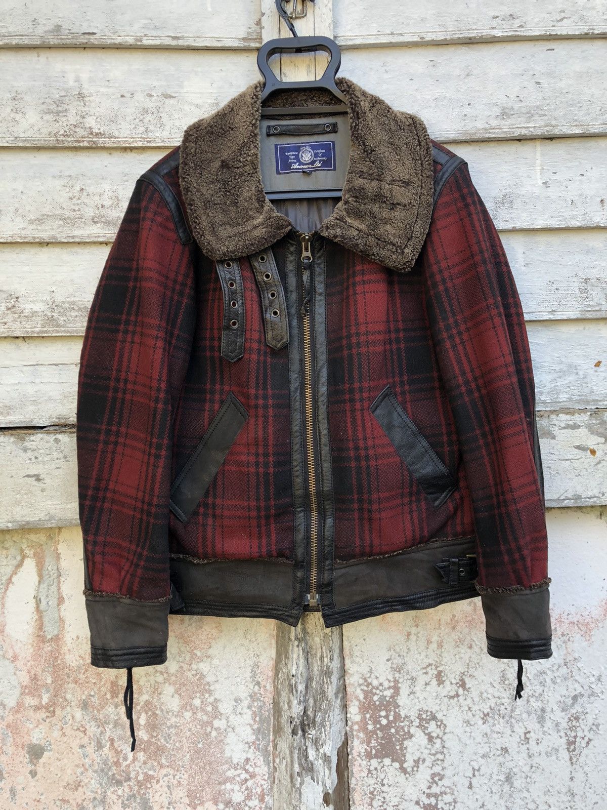 image of Avirex Leather Trim Wool Plaid Flight Jacket in Plaid Red, Men's (Size Small)