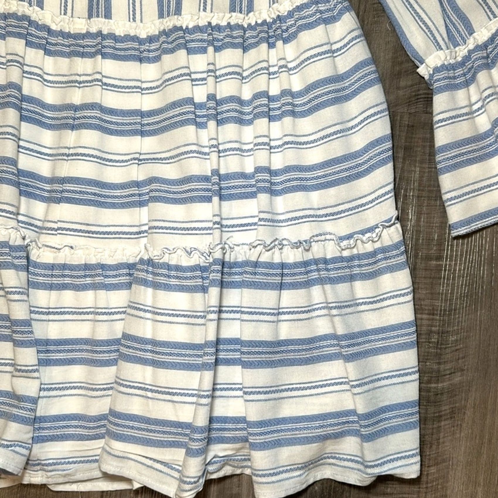 Vintage ENTRO Striped Tiered Flared Long Sleeve V-Cut Dress - Large Blue Women Knee Length Rayon Blend Dress Size L / US 10 / IT 46 - 4 Thumbnail