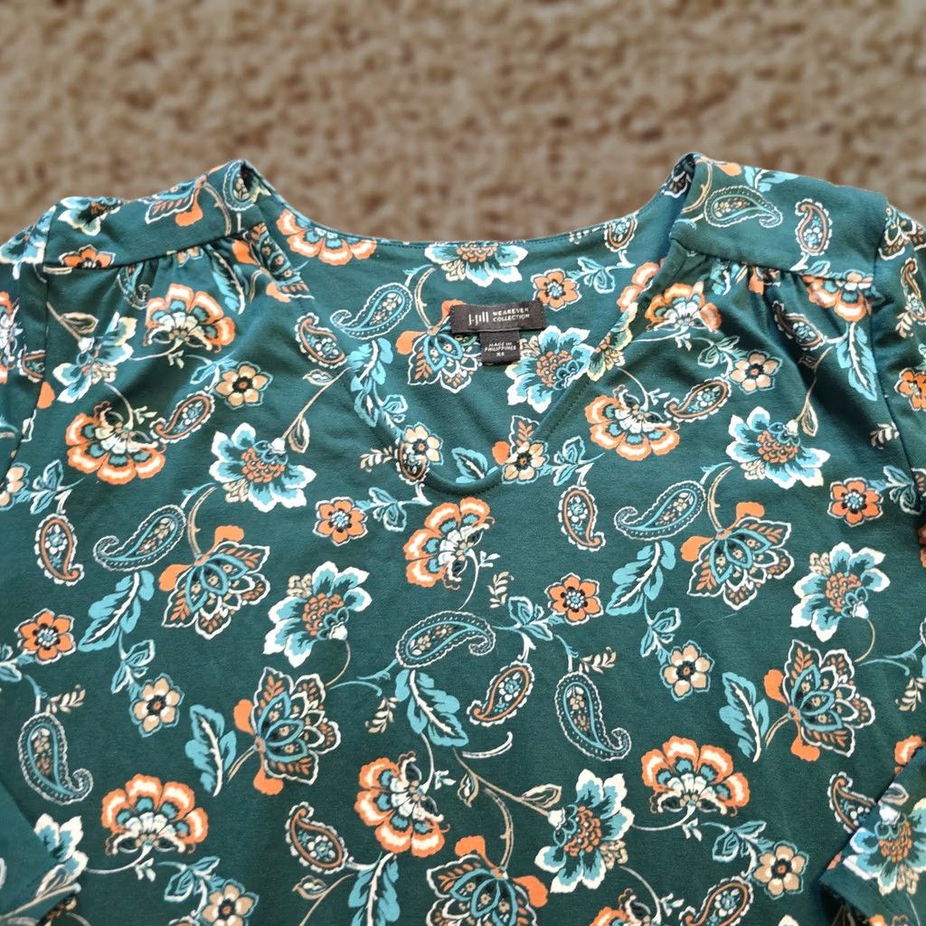 J. Jill J Jill Top Womens XS Green Floral Tunic Long Sleeve V Neck Wearever Casual Shirt Size XS / US 0-2 / IT 36-38 - 1 Thumbnail